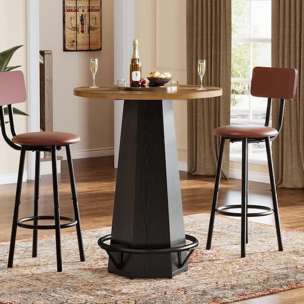 Kearsten 39.4 in. H Rustic Brown & Black Round Bar Table, Bistro Pub Table with Metal Ring Footrest