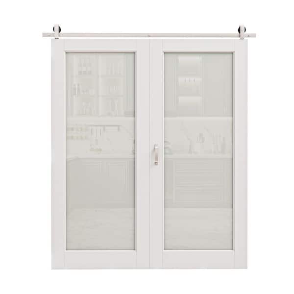 60 in. x 96 in. 1-Lite Tempered Frosted Glass White Primed MDF Bifold Sliding Barn Door with Hardware Kit Nickle