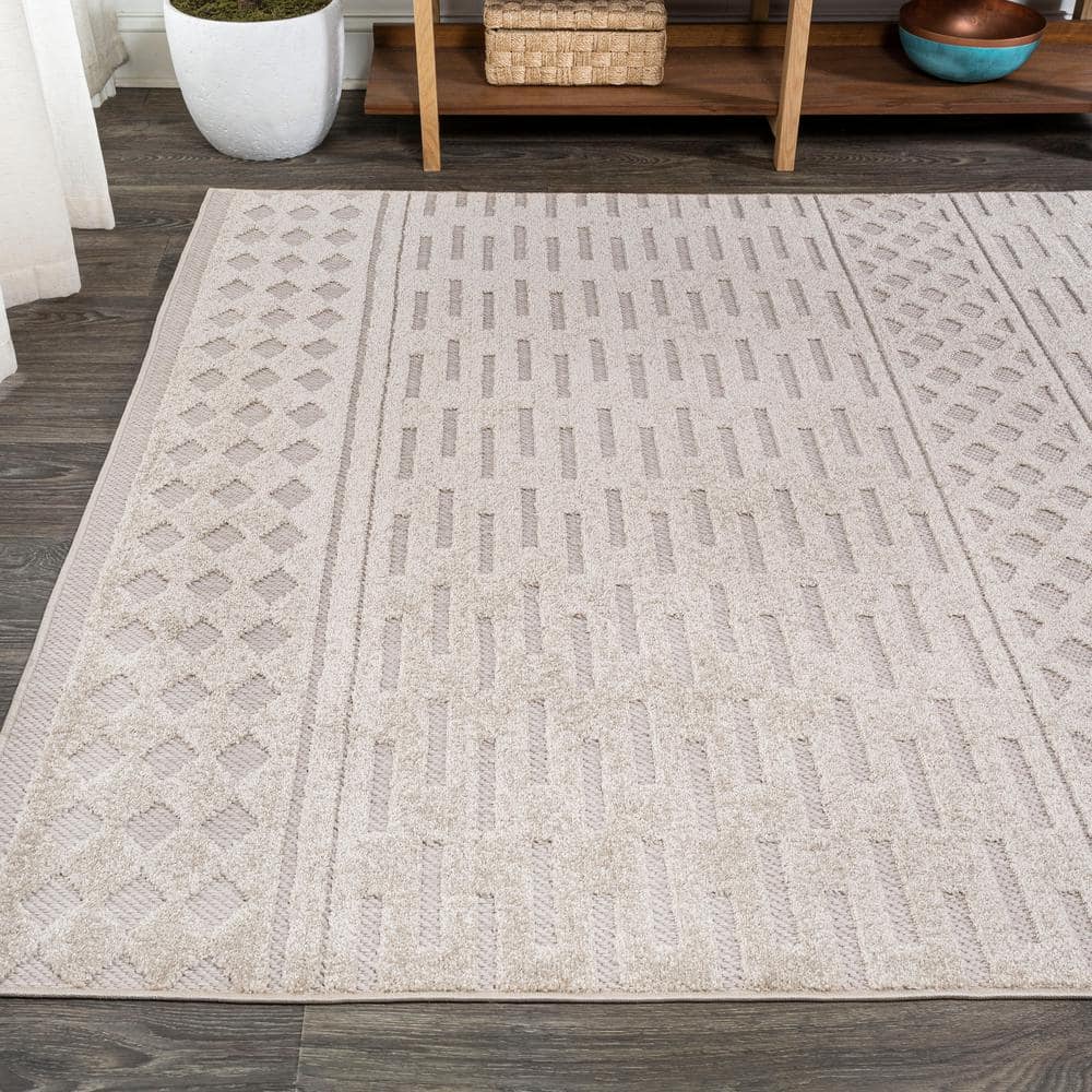 Ivory Geometric High-Low Pile Indoor/Outdoor Area Rug