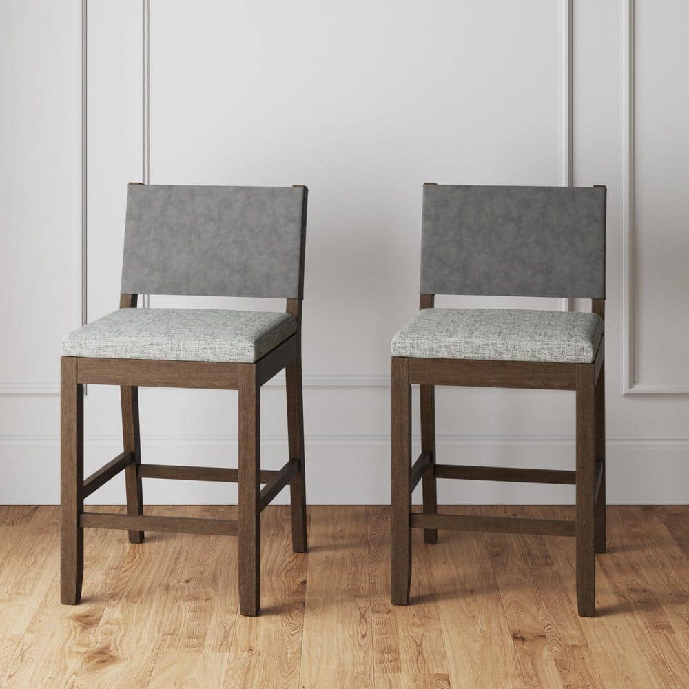 Linus 36 in. Modern Wood Counter Height Bar Stool with Faux Leather Back and Ivory Upholstered Fabric Seat, Set of 2 price history on PriceWatchPro