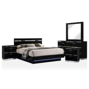 Gensley 5-Piece Black and Chrome Queen Bedroom Set with Dresser/Mirror and 2-Nightstands