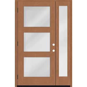 Regency 51 in. x 80 in. Modern 3-Lite Equal Clear Glass RHOS Autumn Mahogany Fiberglass Prehung Front Door 12 in. SL