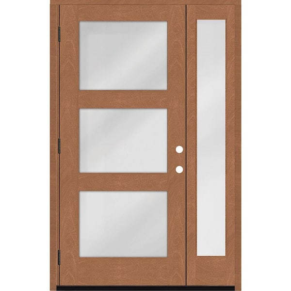 Steves & Sons Regency 51 in. x 80 in. Modern 3-Lite Equal Clear Glass RHOS Autumn Mahogany Fiberglass Prehung Front Door 12 in. SL