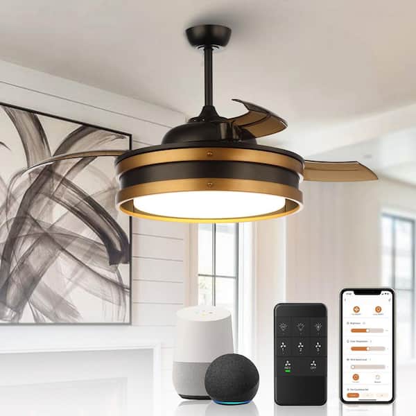 52 in. Indoor LED Black Smart Retractable Caged Ceiling Fan with Light and Remote, Works with Google Home/Alexa/Tuya