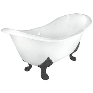 71 in. Double Slipper Cast Iron Tub Rim Faucet Holes in White with Lion Paw Feet in Satin Nickel