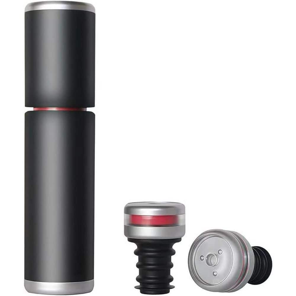 Black Polycarbonate Wine Saver Vacuum Pump with 2 Universal Stoppers, Reusable Bottle Sealer for Opened Wine