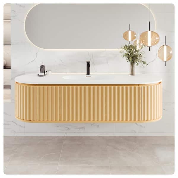 Haven 64 in. Single Sink Floating Natural Oak Bath Vanity with White Solid Surface Top (Assembled)