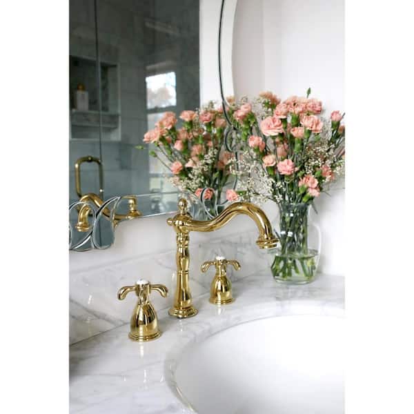 Victorian Cross 8 in. Widespread 2-Handle Bathroom Faucet in Polished Brass