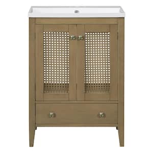 24 in. W x 18 in. D x 34 in. H Freestanding Bathroom Vanity Cabinet in Natural with White Single Sink Top
