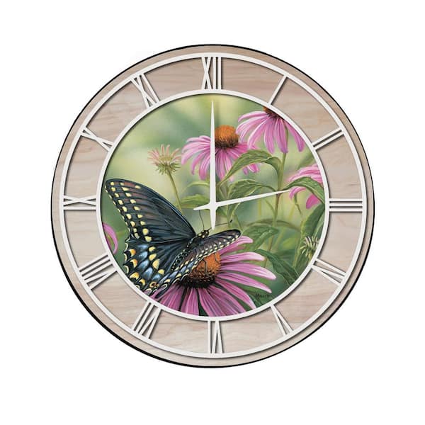Unbranded "Black Swallowtail Butterfly" Woodgrain Accent and White Numbers Imaged Wall Clock