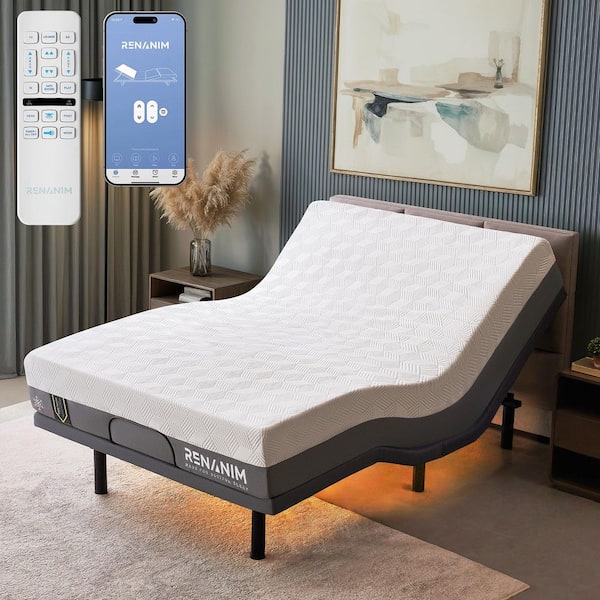 Renanim Gray Queen Adjustable Bed Frame + 10 in. Hybrid Memory Foam Mattress-USB, Under Bed Light, Wireless Remote, Massage, APP