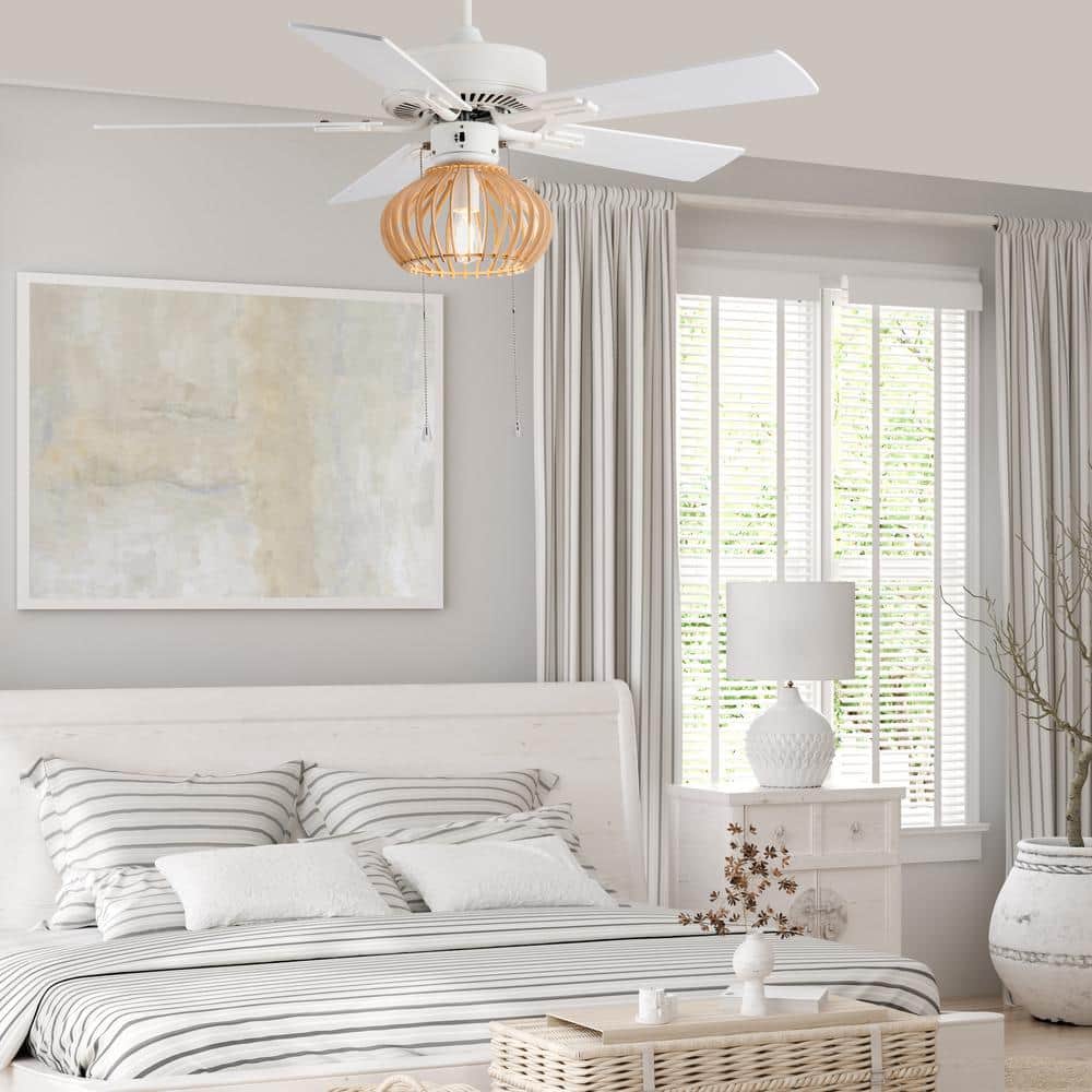 42" White and Tan Wood Caged Ceiling Fan with Light