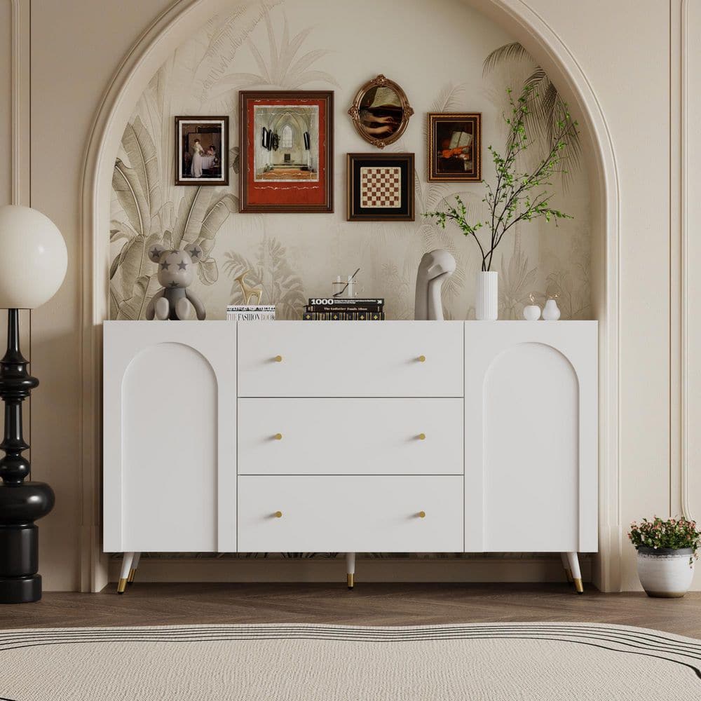 White Finished 35.4 in. H Wooden Accent Storage Cabinet, Chest of Drawers with 4-Shelf, 3-Drawer & 2 Arched Surface Door