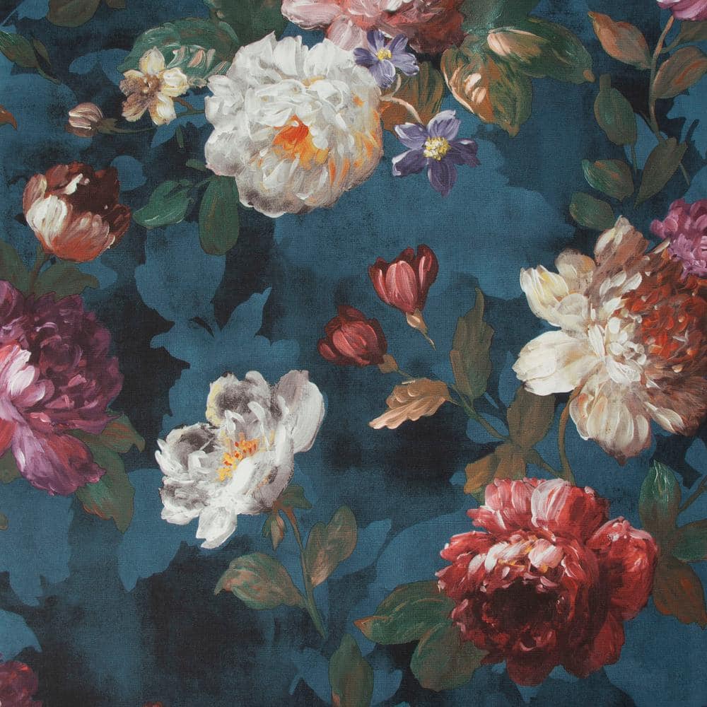 Navy Floral Wallpaper with Hand Painted Blooms, 20.5" x 396"