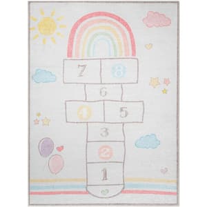 Hopscotch Rainbow Modern Kids Multi Beige 3 ft. 3 in. x 5 ft. Machine Washable Flat-Weave Area Rug