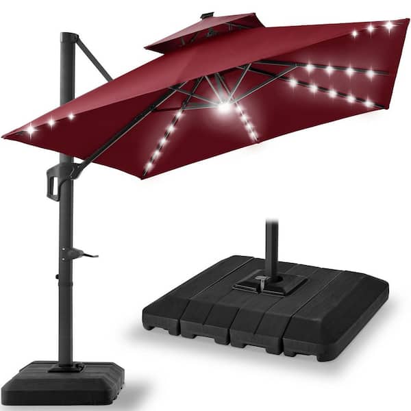 10 ft. Solar LED 2-Tier Square Cantilever Patio Umbrella with Base Included in Burgundy