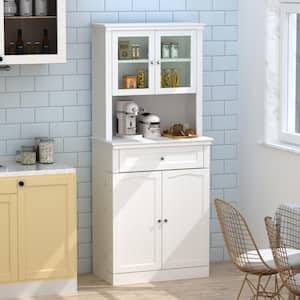 White Painted Buffet and Hutch with Framed Glass Doors, Drawer, Adjustable Shelves