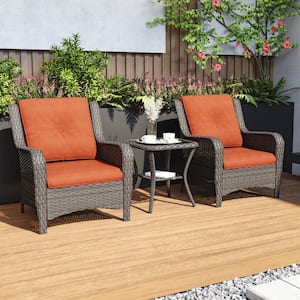 3-Piece Wicker Patio Outdoor Lounge Chair Set with Orange Cushions and Side Table