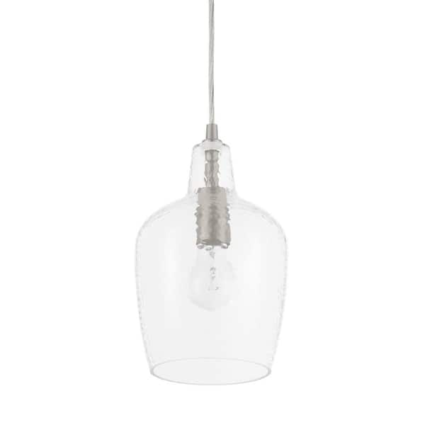 Hampton Bay Gillian 1-Light Brushed Nickel Cone Mini Pendant with Clear Hammered Glass