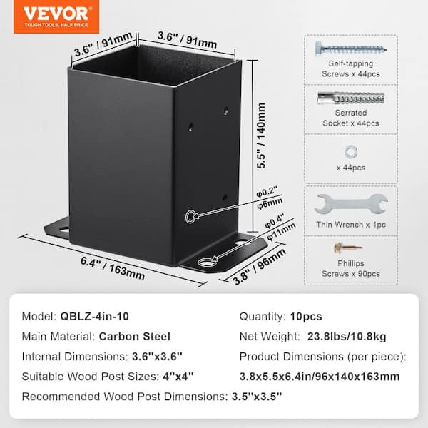 VEVOR 10-Pieces Post Base 4 in. x 4 in. Internal 3.6 in. x 3.6 in. Heavy-Duty Powder-Coated Steel Post Bracket