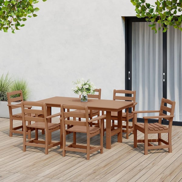 Shoreside 7-Piece All Weather HDPE Plastic Outdoor Patio Dining Set w/ Armchairs, Teak