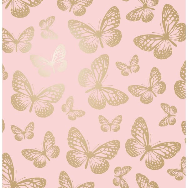 Metallic Butterflies Pink Whimsical Wallpaper