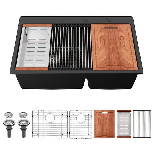 Apex2 33 in. Drop-In Quartz/Granite Composite 60/40 Split Double Bowl Kitchen Sink Workstation in Black with Accessories