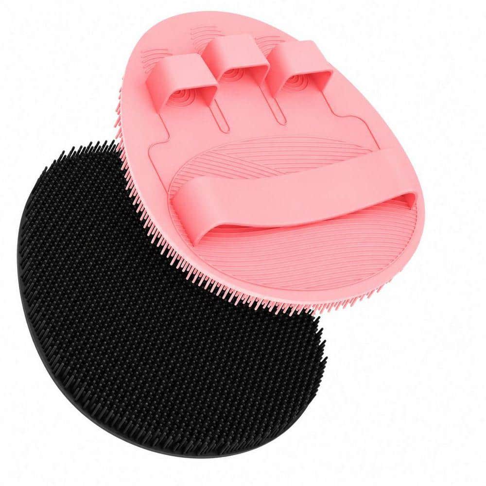 Silicone Shower Scrubber Bath Glove 2-Pack Black Pink with 360° Anti-Slip Lines and Soft Bristles