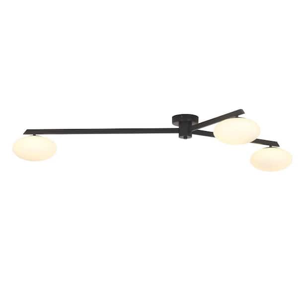 55 In. 3-Light Black Modern Branch Glass Semi-Flush Mount for Dining Room Bedroom, with White Glass Shade