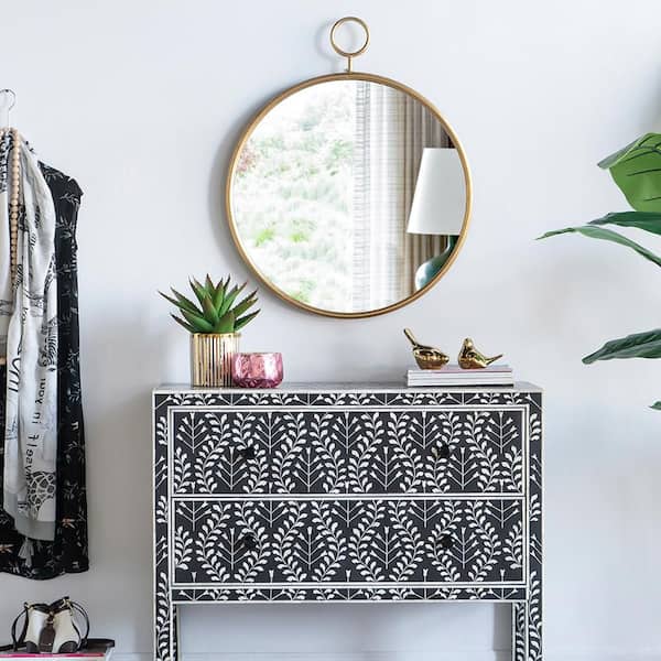 Blisstyle Gold 26 in W x 32 in. H Art Deco Round Iron Framed Mirror Wall Mirror Wall Decor Mirror Bathroom Vanity Mirror