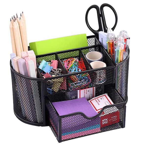 Black 9.05 in. x 11.22 in. x 4.1 in. Metal Mesh Desk Organizer with 8 Compartments and 1 Drawer for Office Supplies