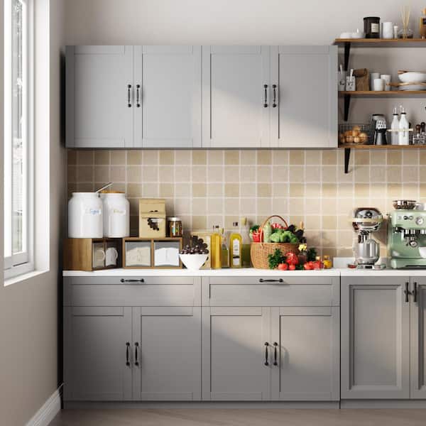 FUFU&GAGA Gray Wooden 63 in. W Buffet Sideboard, Storage Cabinet, with Wall Mounted Kitchen Cabinet(Two Parts)