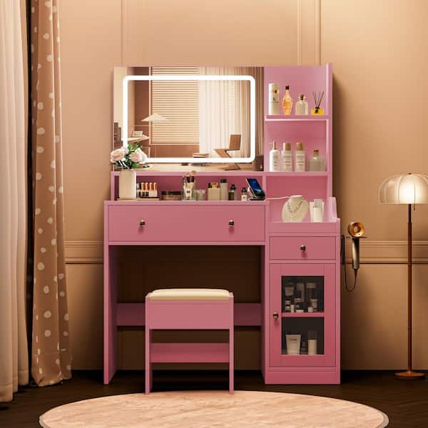 3-Drawers Pink Makeup Vanity Table Set with Stool Dressing Desk Vanity Wood with Mirror Storage Shelves