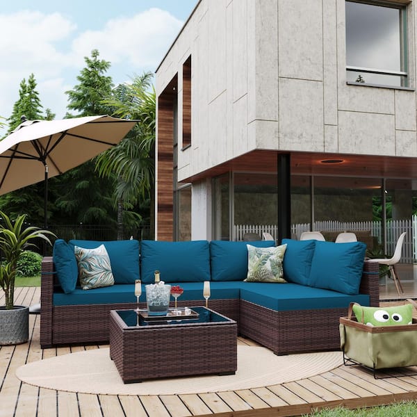 5-Piece Wicker Patio Conversation Sectional Seating Set with Lake Blue Cushions
