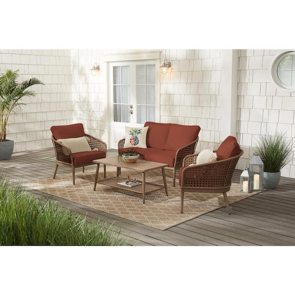 Hampton Bay Coral Vista 4-Piece Brown Wicker and Steel Patio Conversation Seating Set with CushionGuard Quarry Red Cushions