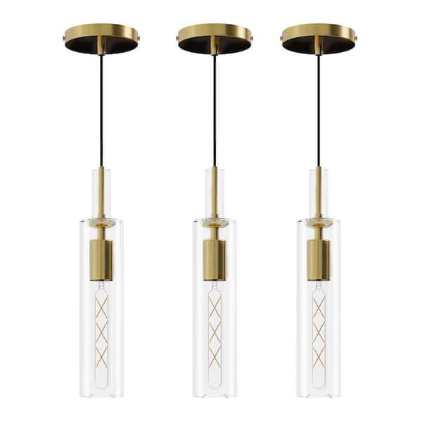 1 Light Dimmable Integrated LED Gold Glass Tube Pendant Chandelier for Kitchen Island (3-Pack)