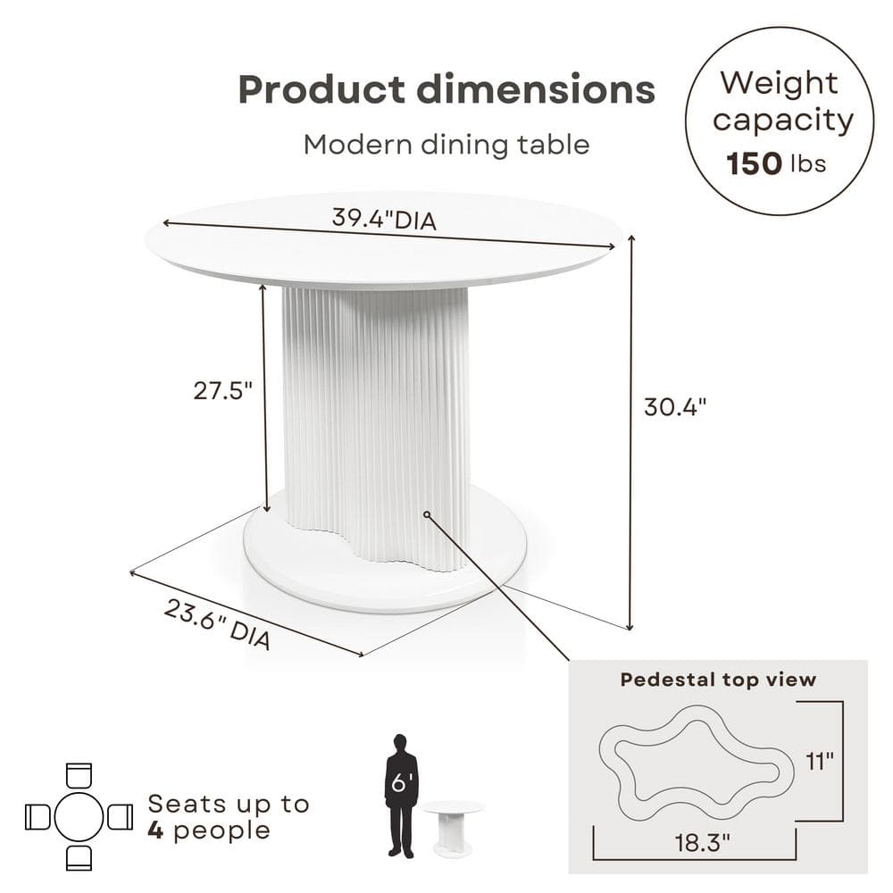 Modern White Round Marble Top Dining Table with Fluted Pedestal Base