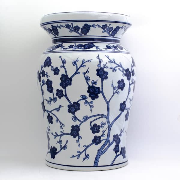 Euro Ceramica Blue Garden White Cherry Blossom Podium Stool