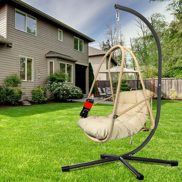 Egg Chair with Stand Outdoor Rattan Swing Basket Hanging Chair with C Type bracket, Wicker Patio Swing with cushion