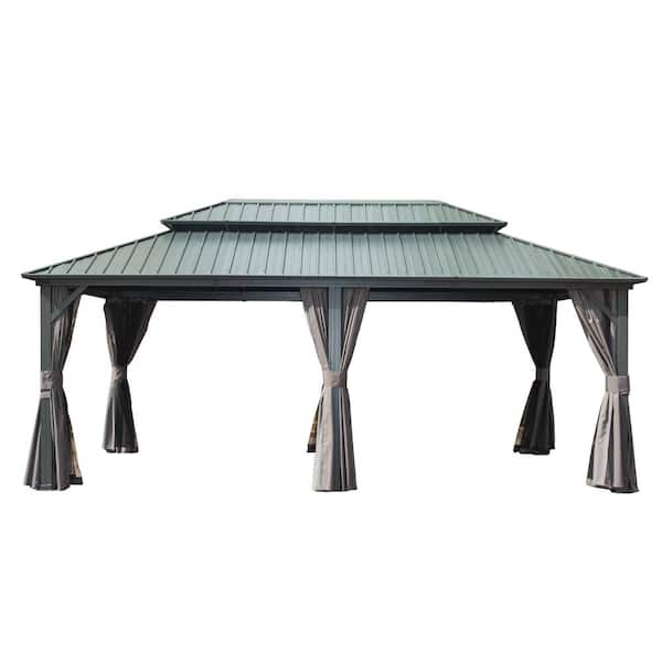 PARASOLAR 12 ft. x 20 ft. Hardtop Gazebo, Aluminum Metal Gazebo with Galvanized Steel Double Roof Canopy, Curtain and Netting
