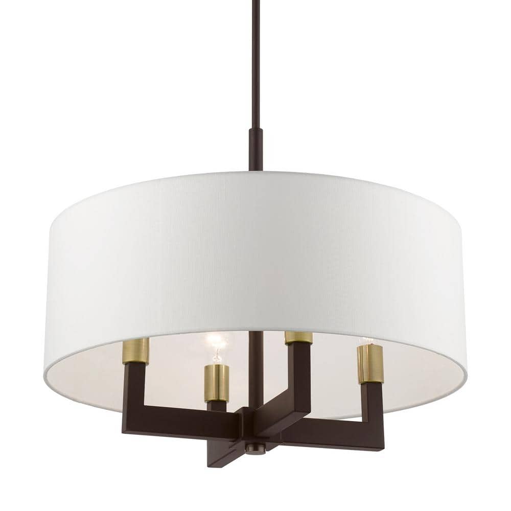 Bronze and Antique Brass 4-Light Chandelier with Off-White Shade