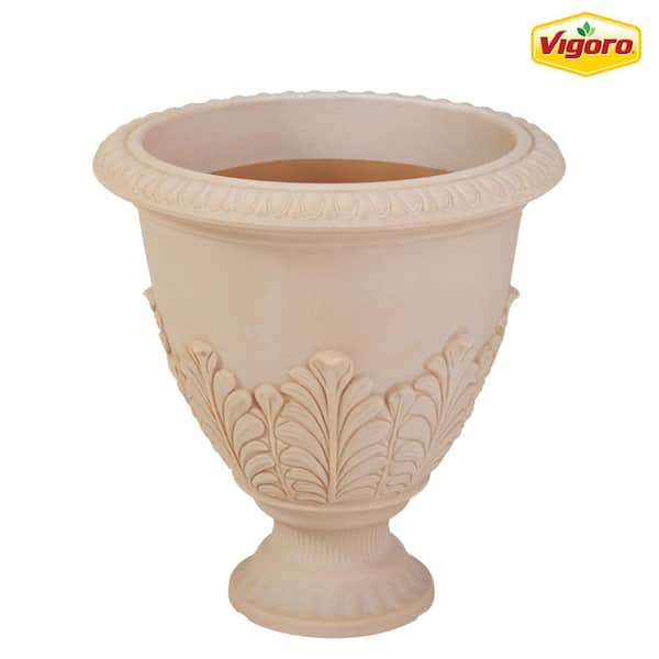 Vigoro 17 in. Hancock Large Antique White Plastic Urn Planter (17 in. D ...