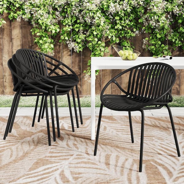 Black Metal Outdoor Dining Chair with Breathable Design, Set of 2