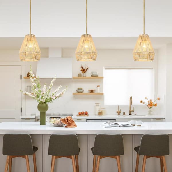 1-Light Rattan Single Pendant with Brass Canopy