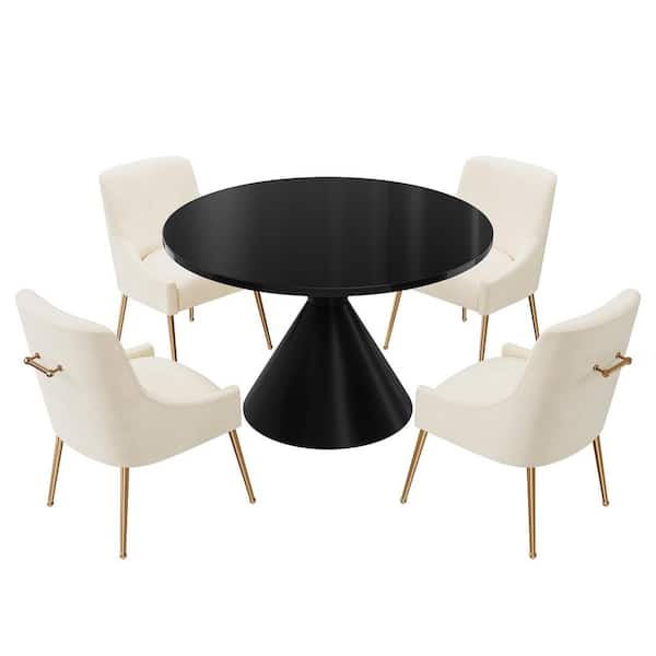 Boyel Living 5-Piece Round Stainless-Steel Black Wood Top Table Set Seats 4, 4 Beige Dining Chairs