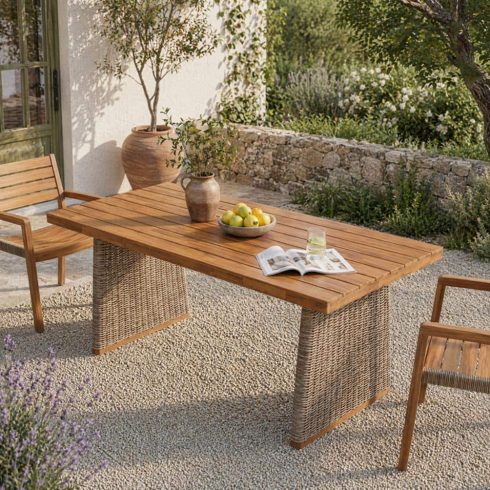 29.5  in H Teak Finish Wood Outdoor Dining Table with Brown Wicker for Patio and Garden price history on PriceWatchPro