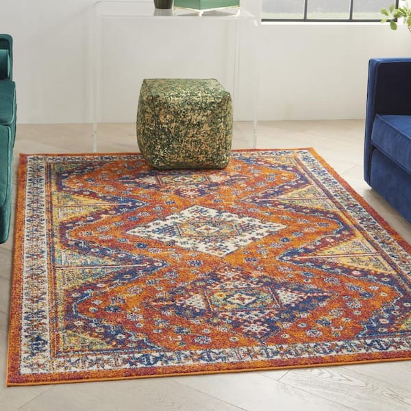 5 ft. x 7 ft. Ivory Blue and Orange Geometric Power Loom Area Rug