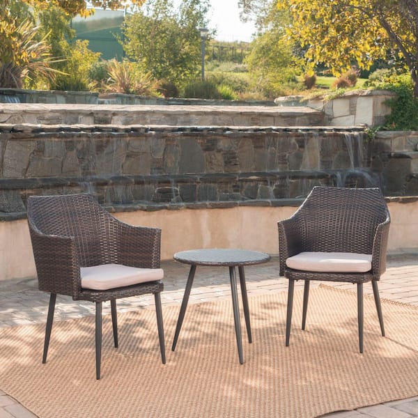 3-Piece Outdoor Wicker Patio Conversation Set with Beige Cushion, Bistro Set for Balcony, Garden, Backyard