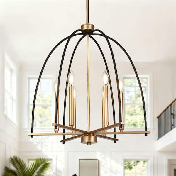 Modern Farmhouse 23.6 in. 6-Light Black and Gold Caged Chandelier, Lantern Pendant Lighting, Kitchen Island, Dining Room