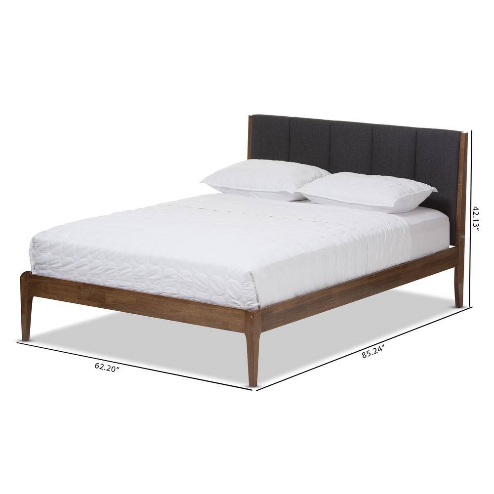 Scandinavian-Inspired Walnut Queen Bed with Grey Tufted Upholstery